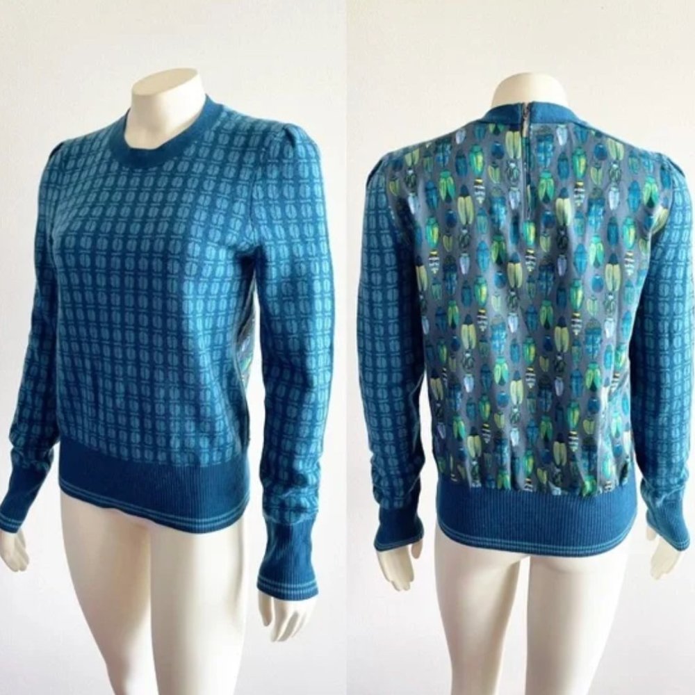 Tory Burch Walda Printed Wool Scarab Beatle Back Blue Green Sweater XS